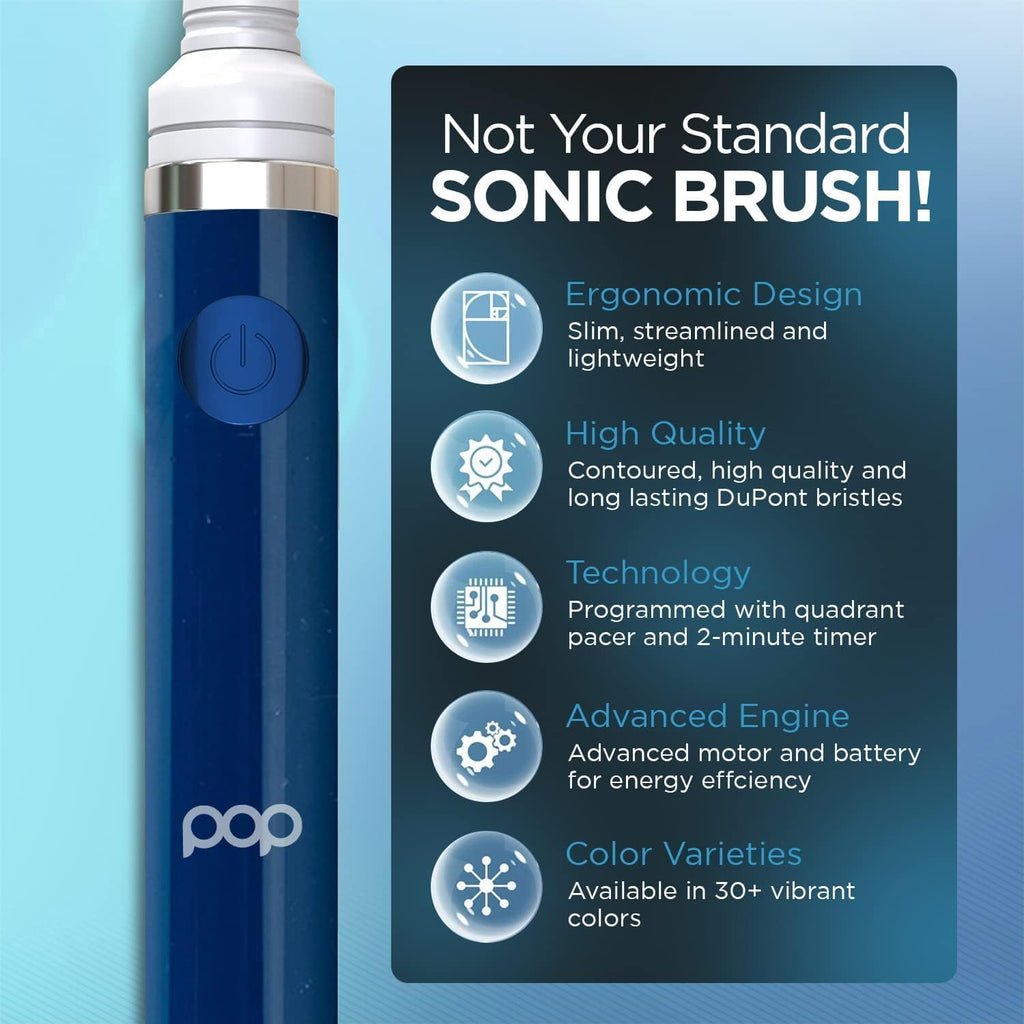 2-Pack Pop Sonic Electric Toothbrush (Navy Blue) - Travel Toothbrushes w/AAA Battery | Kids Electric Toothbrushes with 2 Speed & 15,000-30,000 Strokes/Minute, Dupont Nylon Bristles