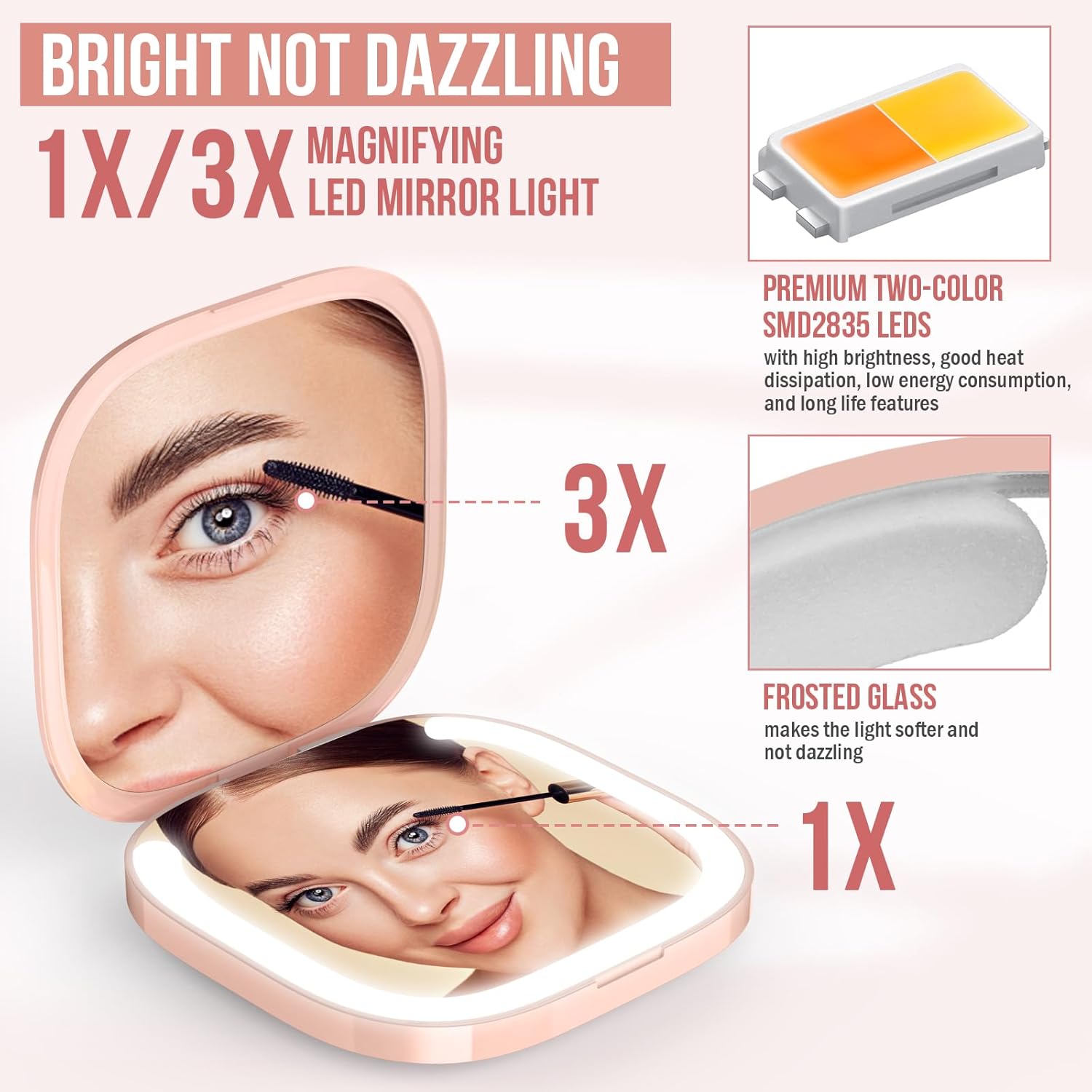 MY BEAUTY LIGHT Bright Compact Mirror with Durable Rechargeable 1X/3X Magnifying Light, 3000K-6000K Travel Makeup Mirror with Lights for Handbag Purse Pocket (Pink)