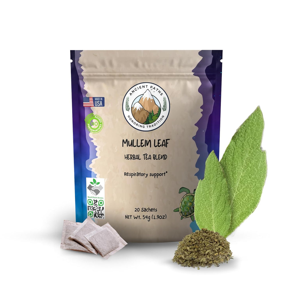 Ancient Paths Mullein Herbal Tea Blend - Respiratory Support & Immunity - Mullein Tea Leaf, Licorice, Peppermint, Elecampane - Caffeine-Free, Sustainable Tea Bags & Good Faith Grown (20 Sachets)