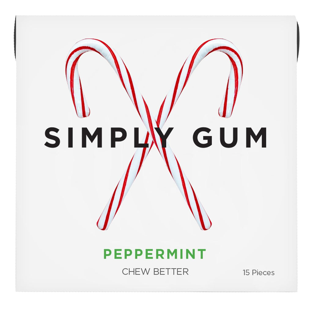 SIMPLY Gum Peppermint, Plastic-Free Natural Chewing Gum, Candy Cane Box 6 Pack (90 Pieces) | Vegan, Kosher, Non GMO, Aspartame Free and Sorbitol Free