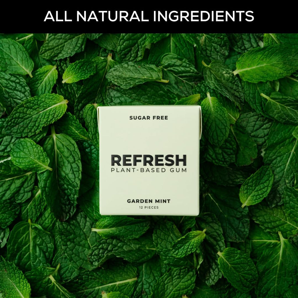 Refresh Gum, Xylitol, Natural, Sugar Free, Plastic Free, Natural Flavors & Organic Ingredients, Plant-Based, Low Calorie, Non GMO, Gluten Free, Vegan, Garden Mint Flavor, 12 Pcs, 12 Pack