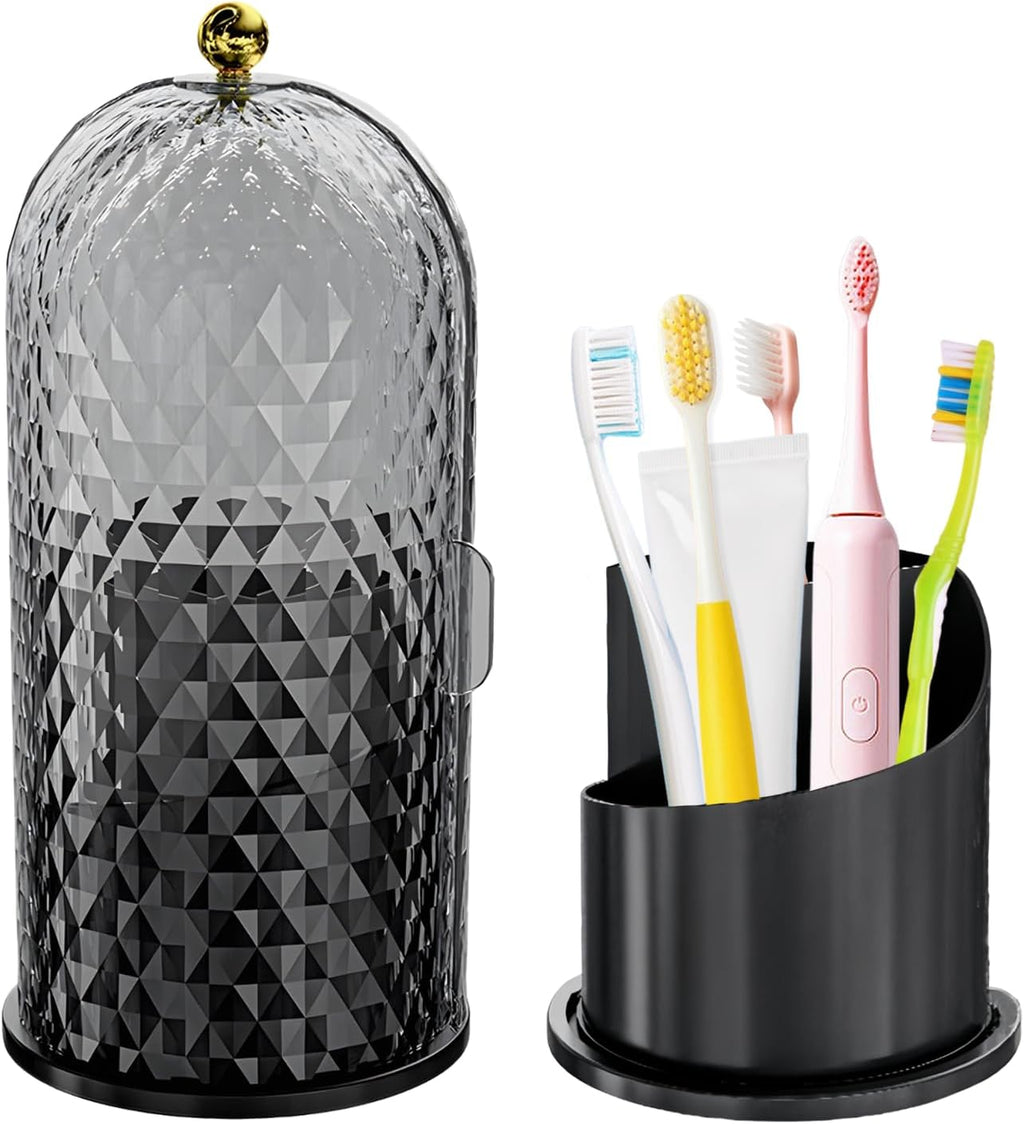 Multifunctional Rotating Toothbrush Holders with Sliding Lid, The 3-Slot Bathroom Countertop Vanity Organizer Perfect for Tooth Brush, Toothpaste, and Makeup Brushes Holder Storage (Black)