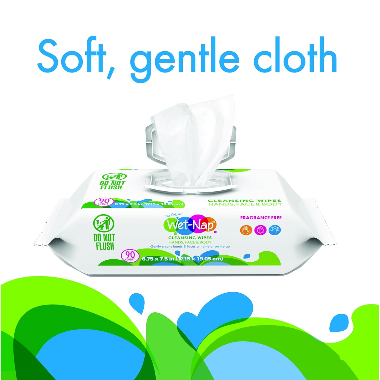 Wet Nap Hand & Face Cleansing Wipes | Disposable Plant-Based Wet Wipes | Gentle, Fragrance Free Formula for Sensitive Skin | Paraben-Free & Alcohol-Free | 90 Count (Pack of 6)