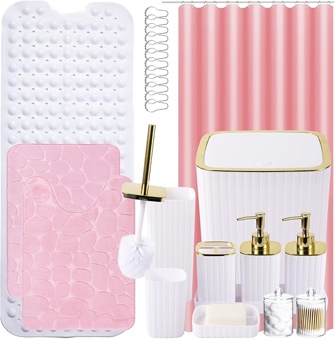 26PC Bathroom Set - Gorgeous White Bathroom Set, Bathroom Accessories Set, Pink Shower Curtain Set with Bathtub Mats for Shower Tub