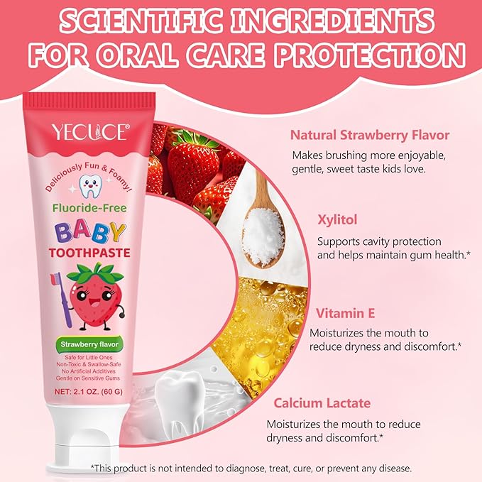 Kids Toothpaste Strawberry Flavor, Swallowable Toothpaste with xylitol and Vitamin E, Fights Plaque, Designed for Children, 2.1OZ