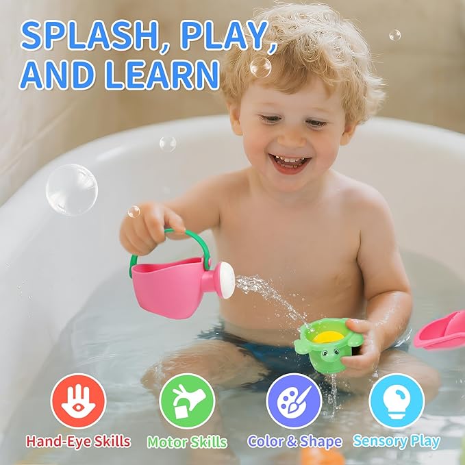 10PCS Baby Bath Toys for Kids Ages 1-3 – Easy-to-Clean Bathtub & Pool Water Toys for Toddlers 1-3 and Babies 12-18 Months, with Floating Boats, Stacking Cups and Pouring Fun