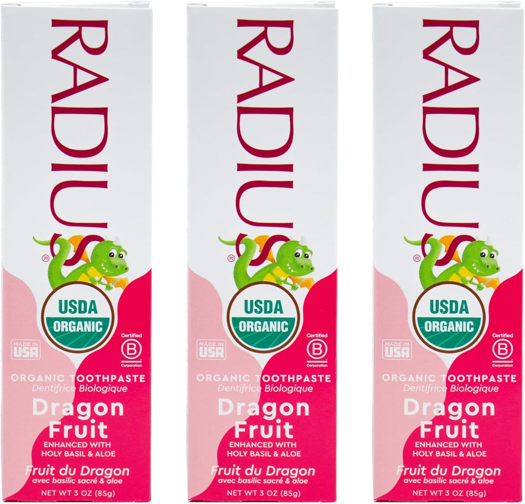 RADIUS USDA Organic Kids Toothpaste 3oz Non Toxic Chemical-Free Gluten-Free Designed to Improve Gum Health for Children's 6 Months and Up - Dragon Fruit - Pack of 3