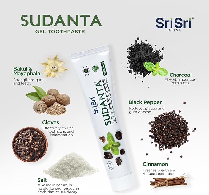 Sri Sri Tattva Sudanta Charcoal Toothpaste Gel – SLS, Fluoride Free Herbal Toothpaste with Neem & Ayurvedic Herbs – Natural Teeth Whitening, Fresh Breath, Oral & Gum Health – 100g Tube (Pack of 4)
