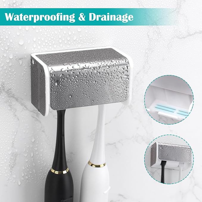 2 PCS Toothbrush Holders Wall Mounted with Cover, Electric Tooth Brushing Holder for Bathroom, 2 Slots Self Adhesive Toothbrush Organizer for Family, Kids (2, Brushed Silver)