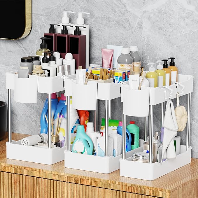 3 Pack Under Sink Organizers and Storage, 2 Tier Bathroom Cabinet Organizer Shelf with Hanging Cups for Kitchen & Bathroom (White)