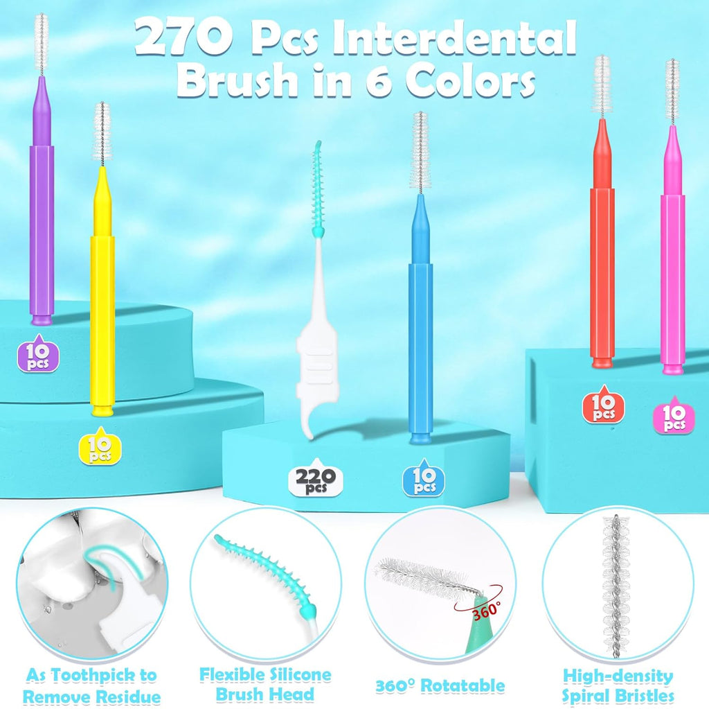 270Pcs Interdental Brush 6 Sizes Braces Brush Soft Bristles 360° Bendable Floss Heads Dental Brushes Between Teeth Gum Braces Cleaning Kit Oral Tooth Cleaning Tool