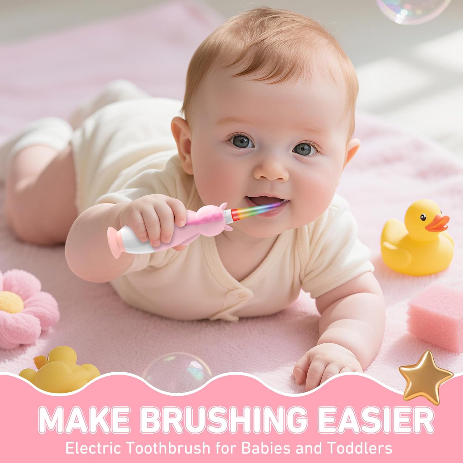 YUNCHI Toddler Electric Toothbrush Kids 0-3-6 Years, Baby Electric Toothbrush with Colorful LED Light, Battery Powered Toddler Toothbrush with 2 Minutes Timer 4 Brush Heads, Infant Toothbrush (Pink)