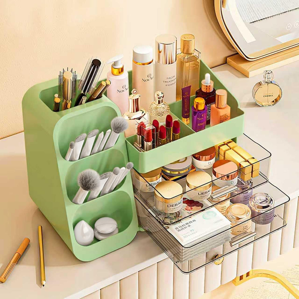 Makeup Organizer with Drawers,Large Capacity Countertop Organizer for Vanity,Bathroom and Bedroom Desk Cosmetics Organizer,Easy To Storage Skincare,Brushes,Lotions,Lipstick (Green)