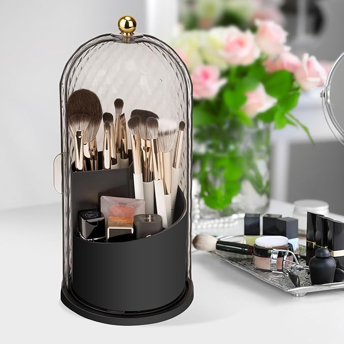 Toothbrush Holders with Sliding Lid, Rotating 3 Slots Bathroom Organizer Countertop, Tooth Brush Toothpaste Holder Bathroom Counter Stand Caddy for Vanity Makeup Brushes Holder (Black)