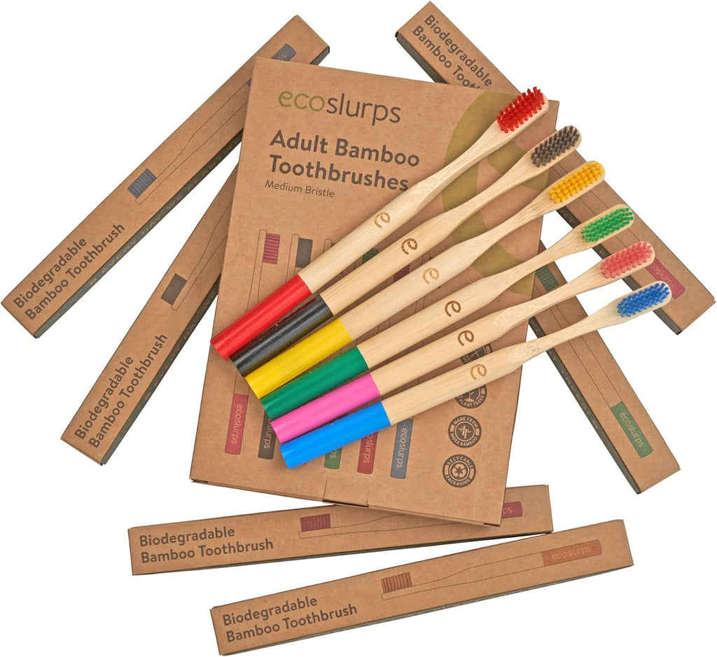 EcoSlurps 6 Bamboo Toothbrushes Multipack - Award Winning Round Handle Soft Medium Bristle Wooden Toothbrush Family Set Bulk (6 Pack)