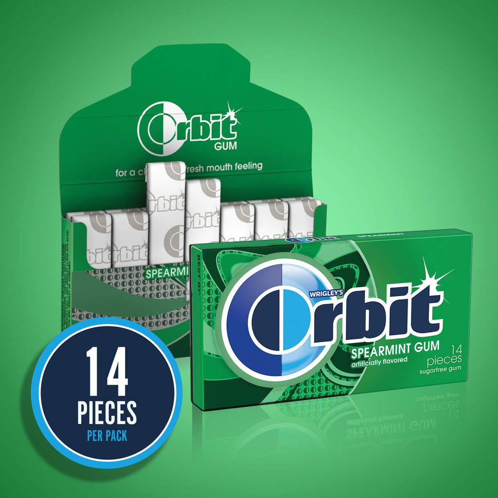 WRIGLEY'S ORBIT Gum Sugar-Free Spearmint - 12 Packs in Bulk, 14 Pieces Each - Chewing Gum, 168 Total Pieces