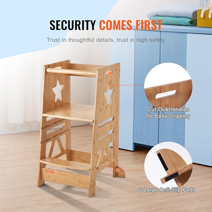VEVOR Tower Step Stool, 3-Level Height Adjustable Toddler Step Stools for Kids, Bamboo Kitchen Stool, Kids Standing Tower Learning Stool with Safety Rail for Kitchen Counter Bathroom, 350LBS