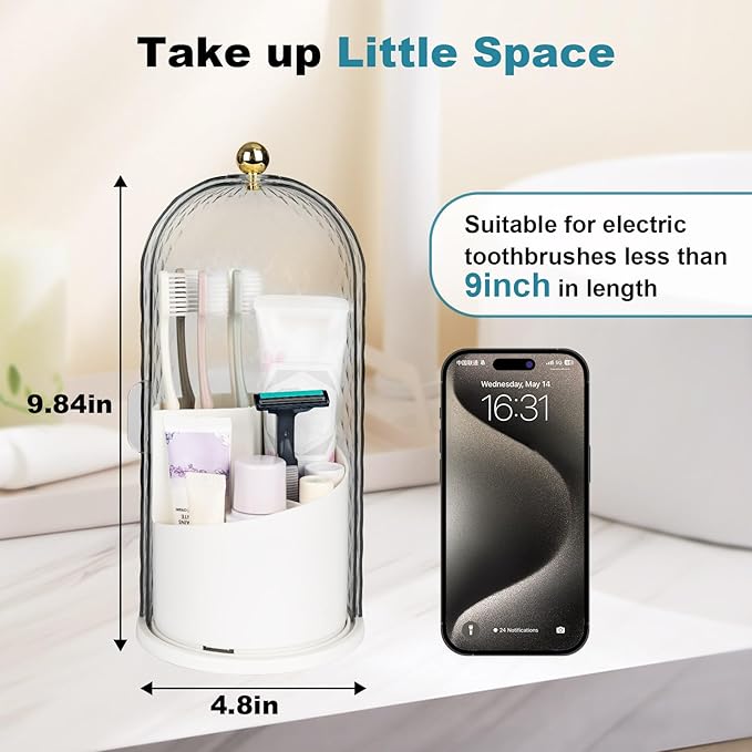 Toothbrush Holders with Sliding Lid, Rotating 3 Slots Bathroom Organizer Countertop, Tooth Brush Toothpaste Holder Bathroom Counter Stand Caddy for Vanity Makeup Brushes Holder (White)