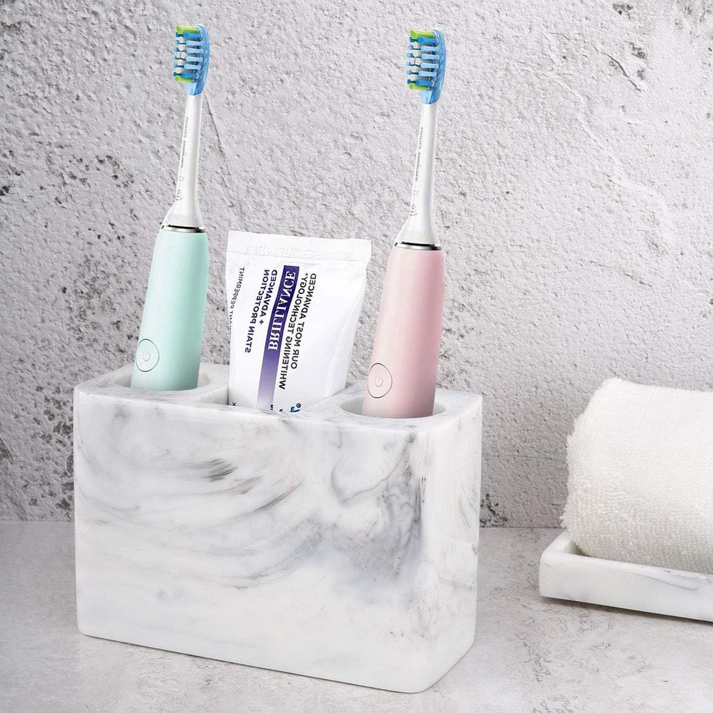 Luxspire Electric Toothbrush Holder, 3 Slots Large Marble Toothbrush Toothpaste Stand, Resin Storage for Bathroom Accessories Vanity Counter Sink Organizer Caddy Marble Style- Ink White