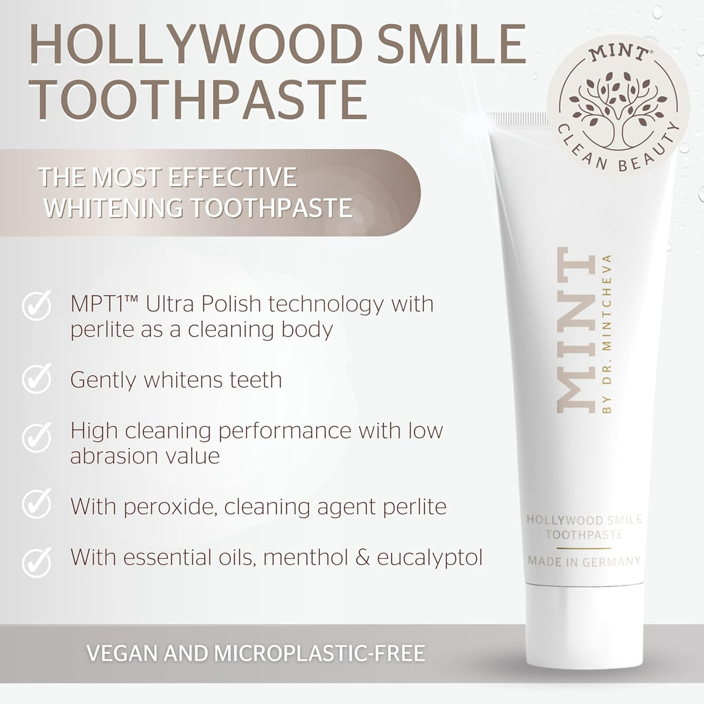 Mint Hollywood Smile Toothpaste (85 ml) - Innovative 2-Phase Formula with Whitening Booster - Fluoride-Free - MPT1 Ultra Polish Technology with Perlite - Pap Technology for Gentle Whitening - Vegan