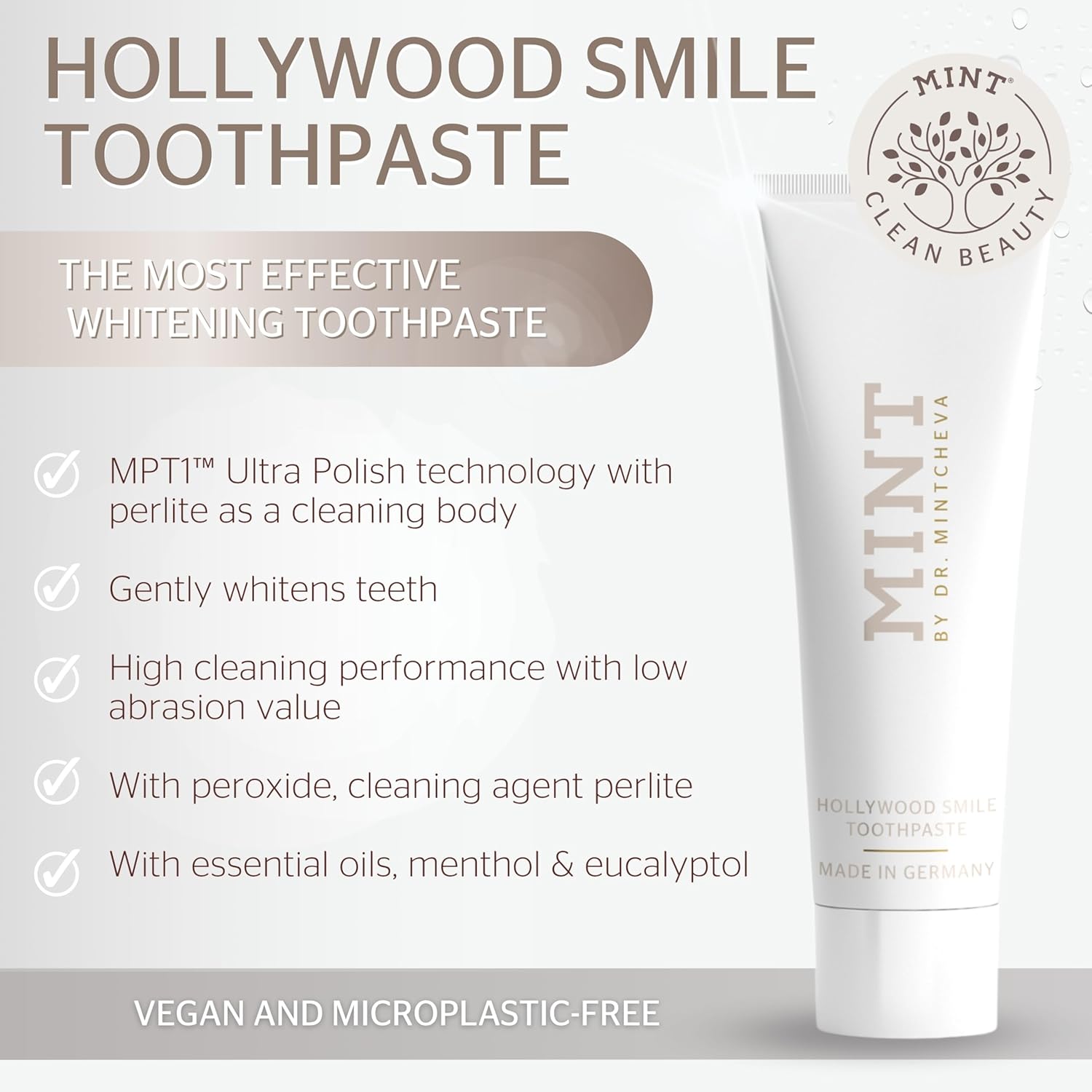 Mint Hollywood Smile Toothpaste (85 ml) - Innovative 2-Phase Formula with Whitening Booster - Fluoride-Free - MPT1 Ultra Polish Technology with Perlite - Pap Technology for Gentle Whitening - Vegan