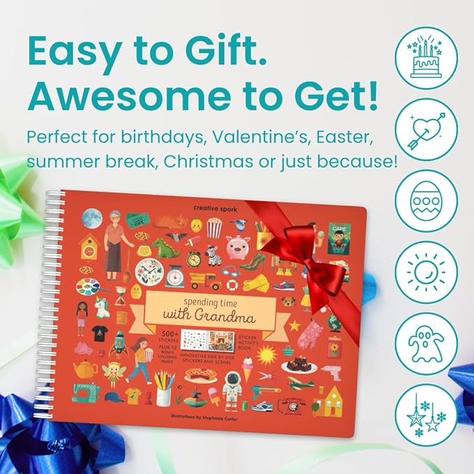 CUPKIN Sticker Book for Kids 2-4, 500+ Kids Stickers, Spending Time with Grandma 12 Coloring Pages, 12 Scenes, Fun Toddler Travel Activity Coloring and Sticker Books for Children Ages 4-8 + 8-10