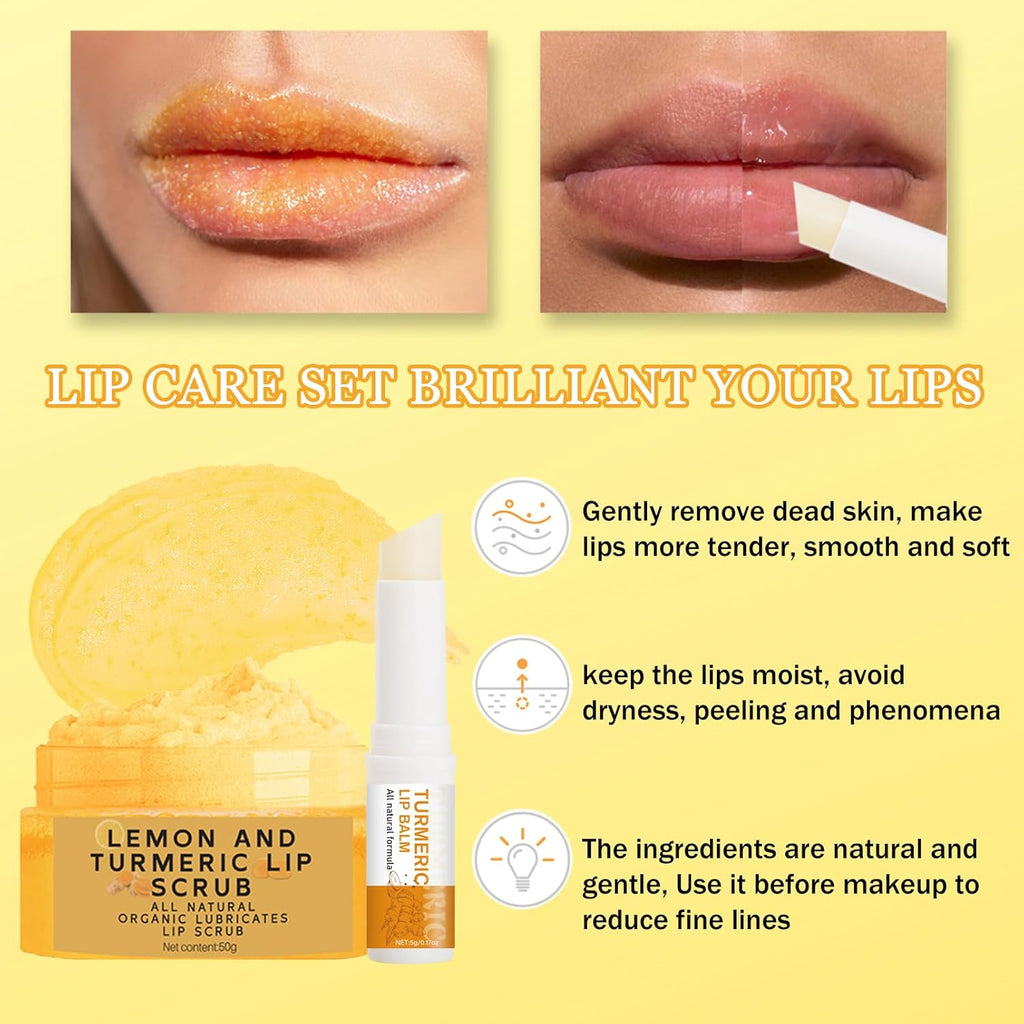 3PCS Lemon and Turmeric Lip Scrub & Turmeric Lip Balm with Brush Set, Lip Scrubber Exfoliator, Natural Nourish Sugar Lip Scrub for Dry, Chapped, Dull, Dark Lips, Reduce Fine Lines