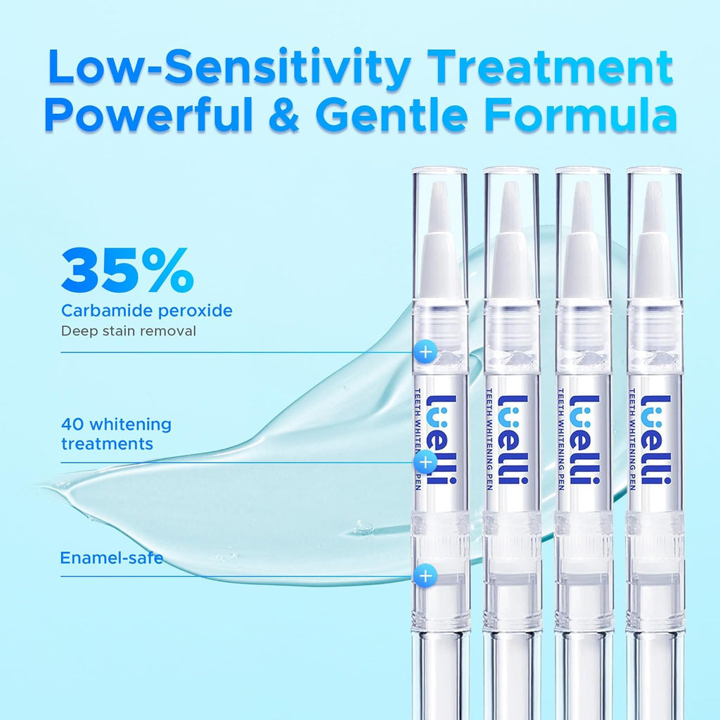 Luelli Teeth Whitening Pen, 20+ Uses - Travel Size Professional Tooth Whitener Serum, Extra Strength Organic Teeth Bleaching Gel for Sensitive Teeth, Instant Stain Removal, Simply White Smile, 4 Count
