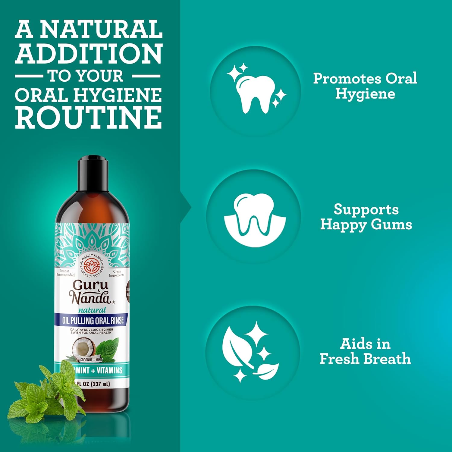 GuruNanda CocoMint Oil Pulling Mouthwash for Complete Oral Hygiene, 7 Essential Oils & Vitamins for Happy Teeth & Gums & Fresh Breath, with 2 Toothbrushes & 2 Tongue Scrapers, Alcohol-Free, 3X8 oz