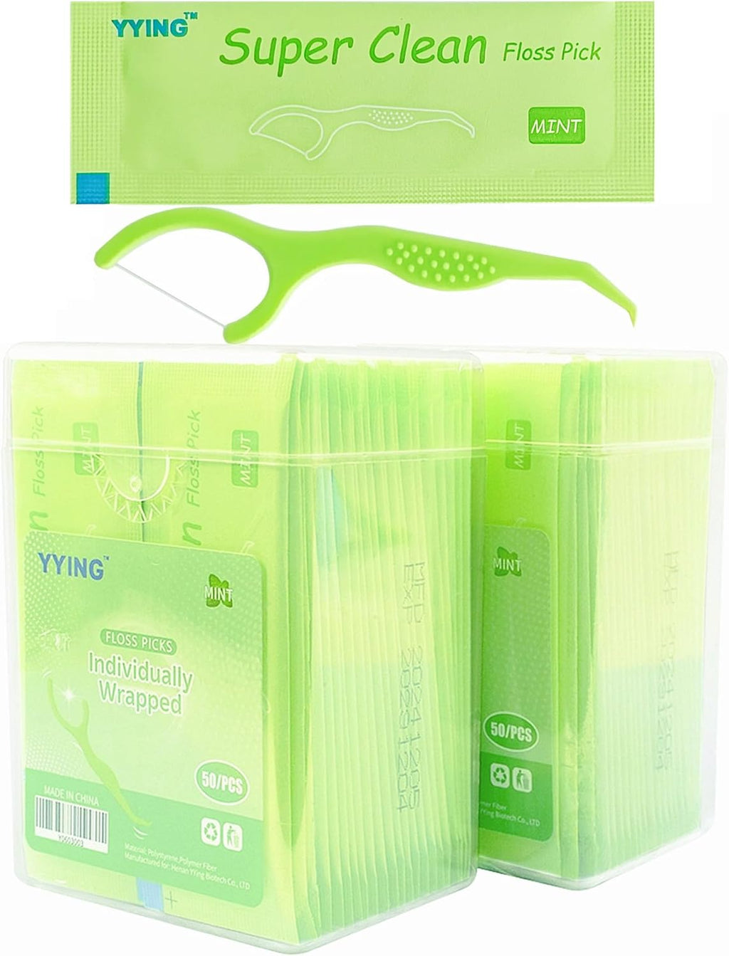 YYING Individually Wrapped Dental Floss Picks for Teeth 100 Ct Mint Flavored, Single Pack Dental Flossers Picks Green Travel Portable Case