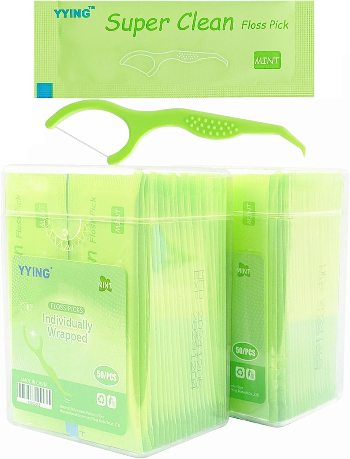YYING Individually Wrapped Dental Floss Picks for Teeth 100 Ct Mint Flavored, Single Pack Dental Flossers Picks Green Travel Portable Case