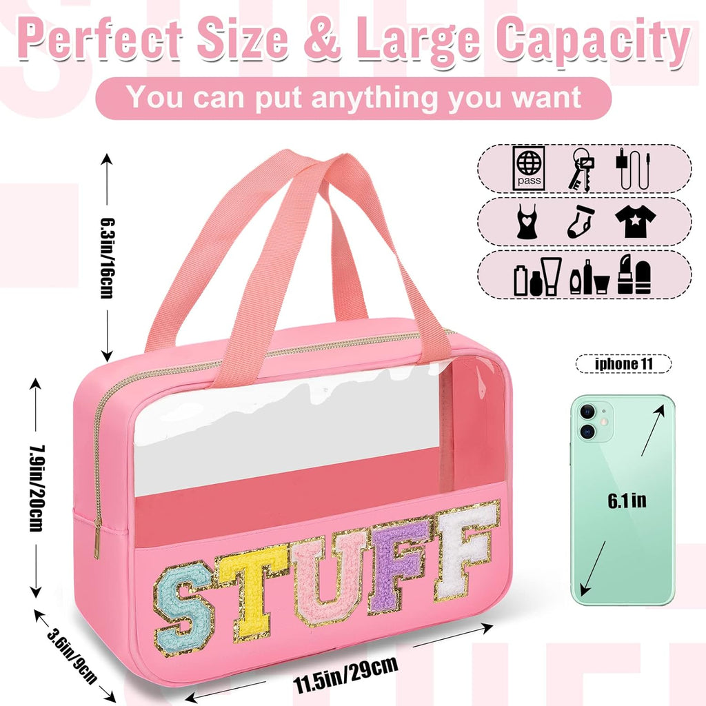 Preppy Clear Stuff Makeup Bags with Chenille Letter Patches, Travel Essentials Large Clear Make up Bag Zipper Pouch with Handle, Waterproof Nylon Cosmetic Toiletry Storage Tote for Women (STUFF-Pink)