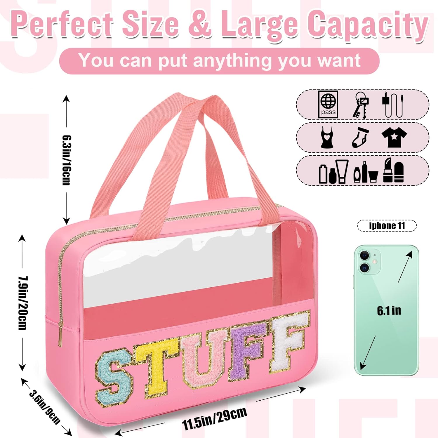 Preppy Clear Stuff Makeup Bags with Chenille Letter Patches, Travel Essentials Large Clear Make up Bag Zipper Pouch with Handle, Waterproof Nylon Cosmetic Toiletry Storage Tote for Women (STUFF-Pink)