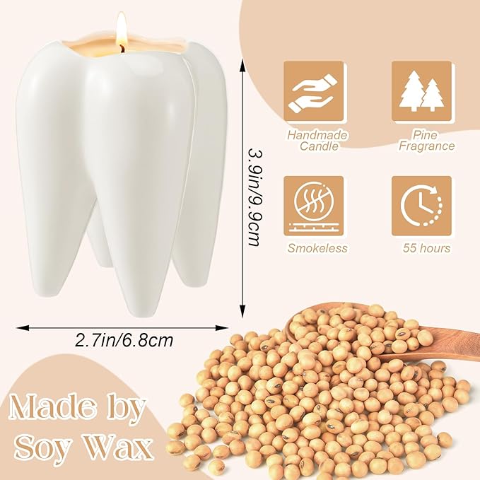 2 Pcs Ceramic Tooth Shaped Scented Candle Freesia Scent Aromatherapy Candle for Dentist 2.7 x 3.9 Inch Long-Lasting Natural Soy Wax for Dentist Clinic Desk Supplies Dental Gifts