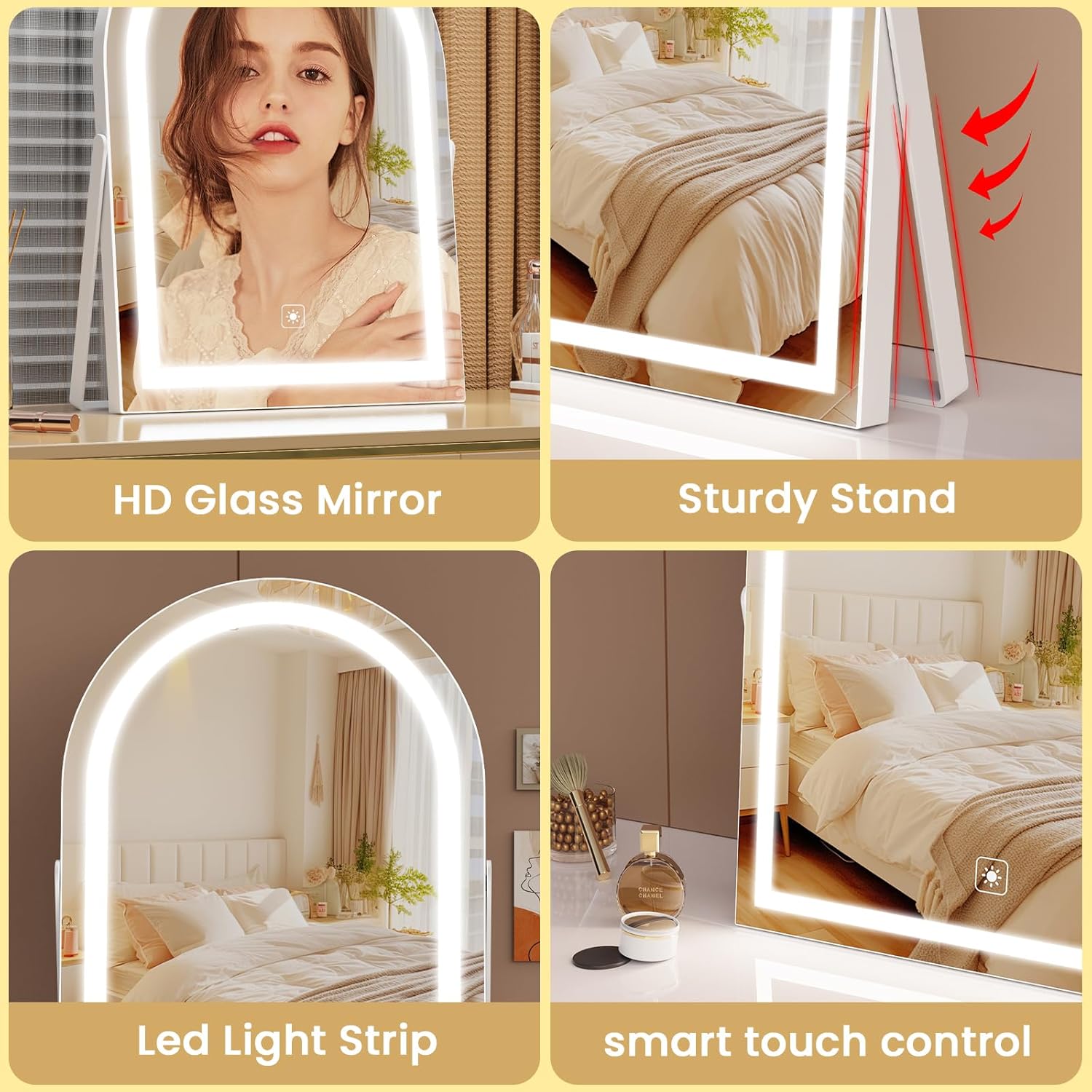 Vanity Mirror with Lights, 16" Light Up Makeup Mirror, LED Makeup Mirror with Lights for Bedroom Tabletop, Smart Touch Control 3 Colors Dimmable, 360° Rotation Gold