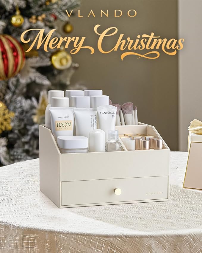 Vlando Makeup Organzier,Vanity Organizer with Drawers, PU Leather Skincare Organizer Perfume Organizer,Large Cosmetic Display Case for Lipstick,Brushes Gifts for Women-Beige
