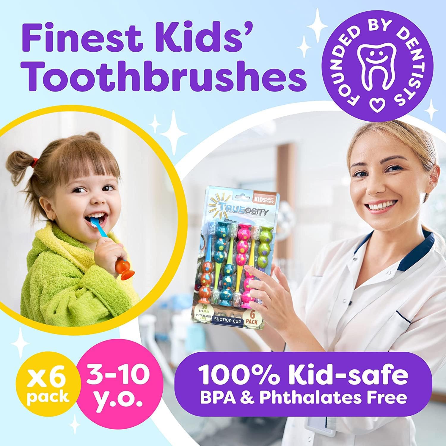 Trueocity Kids Toothbrush 6 Pack - Soft Contoured Bristles - Child Sized Brush Heads (3-10 Year Old) - Suction Cup for Fun & Easy Storage - Girl & Boy Set (6-Pack, Multi-Color)