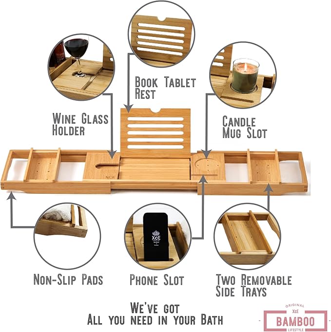 XcE Bamboo Bathtub Caddy Tray - Expandable to 41 Inches with Book Stand, Soap Holder & Anti-Slip Pads for Luxury Bath Spa, Natural