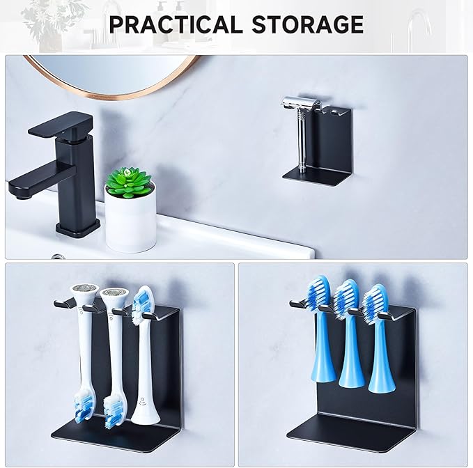 Electric Toothbrush Head Holder, Oukimly Toothbrush Holder Wall Mounted or Desktop, Metal Tooth Brush Holder, Shower Brush Head Holder, Electric Toothbrush Holder for Bathroom (Black, Small)