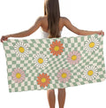 Sage Green Checkered Daisy Floral Beach Towel, Checkered Daisy Pool Towels, Groovy Flower Preppy Large Beach Bath Travel Towels for Swimming Camping, Sage Green Groovy Bathroom Decor, 30x60in