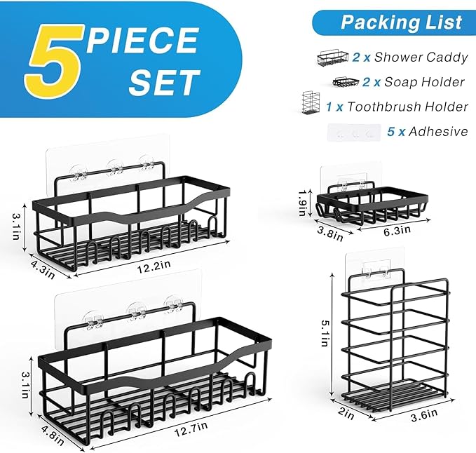 EUDELE 5-Pack Rustproof Stainless Steel Shower Caddy Set– No Drill Adhesive Bathroom Organizer, Space-Saving Shower Shelves for Apartment Essentials, Bathroom/Kitchen Storage Home Decor-L Size