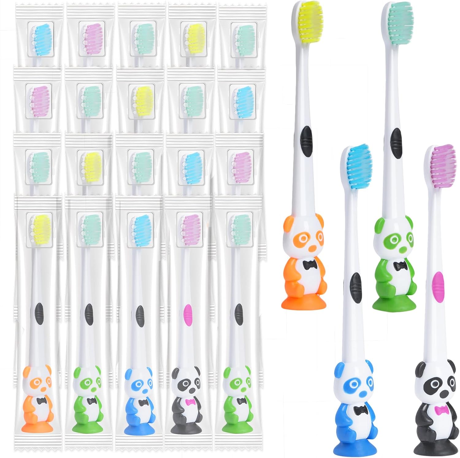 100 Pack Kids Toothbrush Bulk Soft Bristles Toddler Toothbrush with Suction Cup, Lovely Includes Travel Covers, Individually Wrapped Toothbrushes for Kid Home School Daycare Camp (Panda)