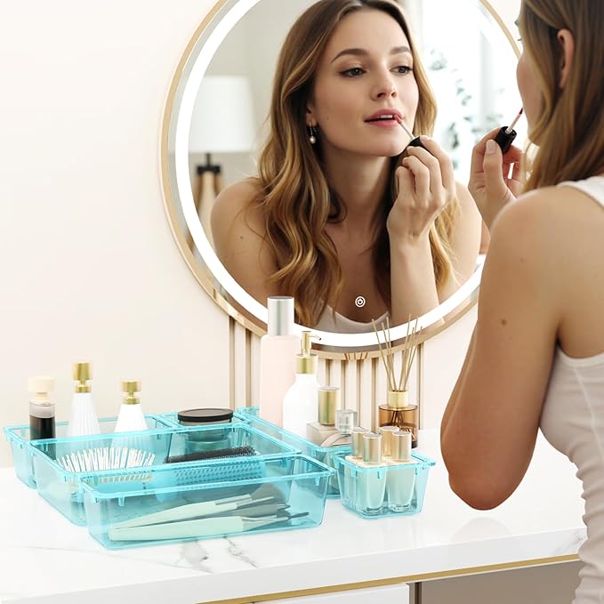 WOWBOX 24 PCS Plastic Drawer Organizer Set, 4 Sizes Desk Drawer Organization and Storage Containers for Makeup, Cosmetics, Jewelry and Gadgets in Kitchen, Bathroom, Bedroom, Office, Clear Sea Blue