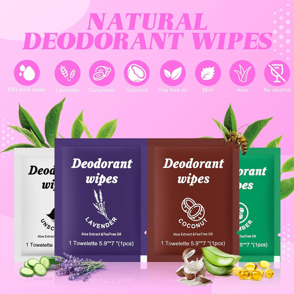 Travel Deodorant Wipes Individually Wrapped,Body Wipes to Clean Skin for Women Men（Lavender,Unscented, Coconut Cucumber,pack of 40)