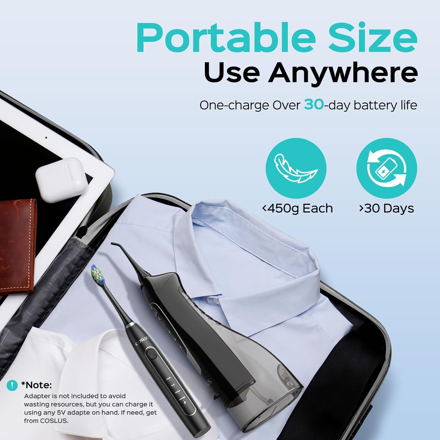 COSLUS Portable Water Flosser with Electric Toothbrush Combo: 2-in-1 Oral Clean Kit for Teeth, Braces, Gums Care - Brushing & Flossing for Adults, Family, Travel Use, BPA-Free, Black, C20 & C41