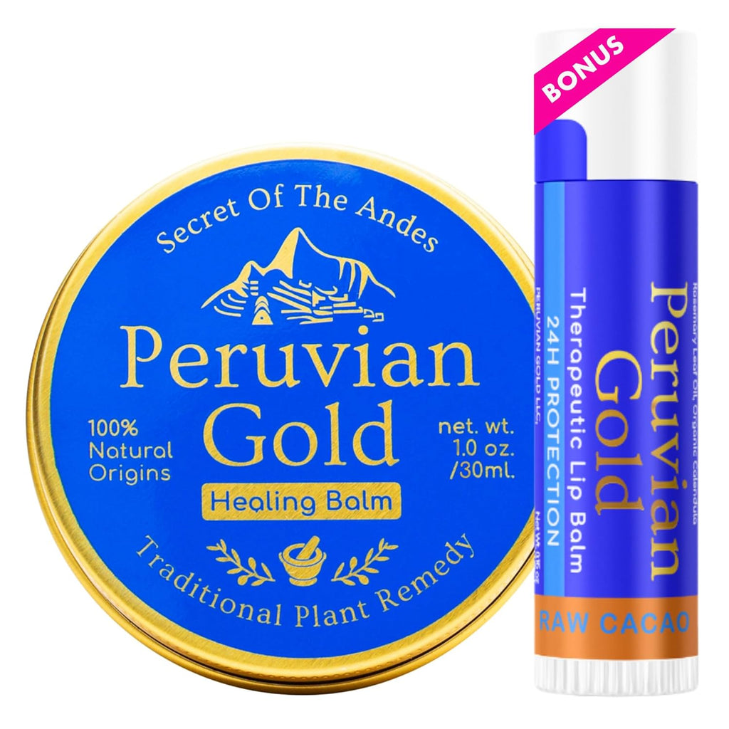 Peruvian Gold | Organic All Purpose Healing Balm | Scars, Eczema, Facial Moisturizer Cream, Dry Skin, Hair, Sun Burns | (1 Fl Oz) | BONUS Lip Balm