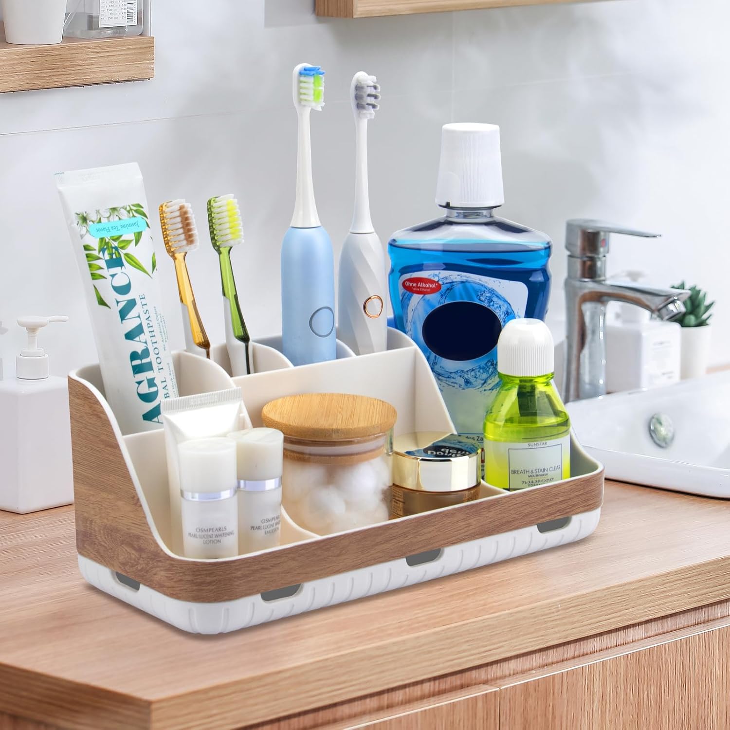 Bathroom Countertop Organizer - Detachable 7 Slots Kids Electric Toothbrush and Toothpaste Holde Drainage for Bathroom Accessories Organization Counter Vanity Storage, Woodgrain
