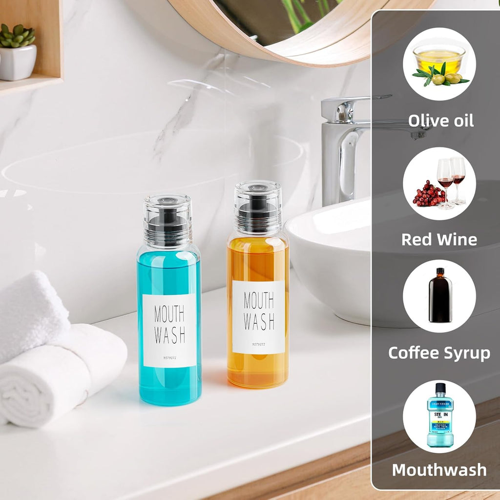 VITVITI Glass Mouthwash Dispenser for Bathroom, 10 OZ Mouth Wash Container Bottle with Lid Cup, Countertop Small Clear Refillable Mouthwash Dispensers Decanter, Set of 2 (Black)