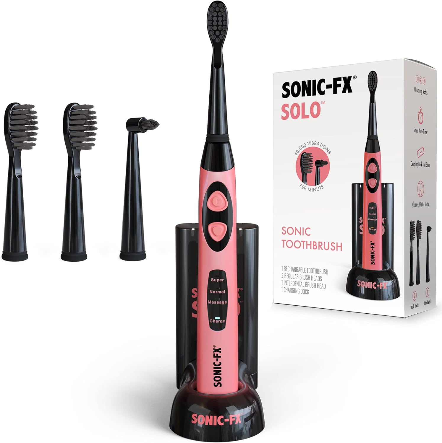 Sonic-FX Solo Electric Toothbrush - 3 Brushing Modes - with Intelligent Auto-Timer, Includes 2 Tooth Brush Heads, and 1 Interdental Head, Rechargeable, Electronic Charging/Storage Base (Coral)