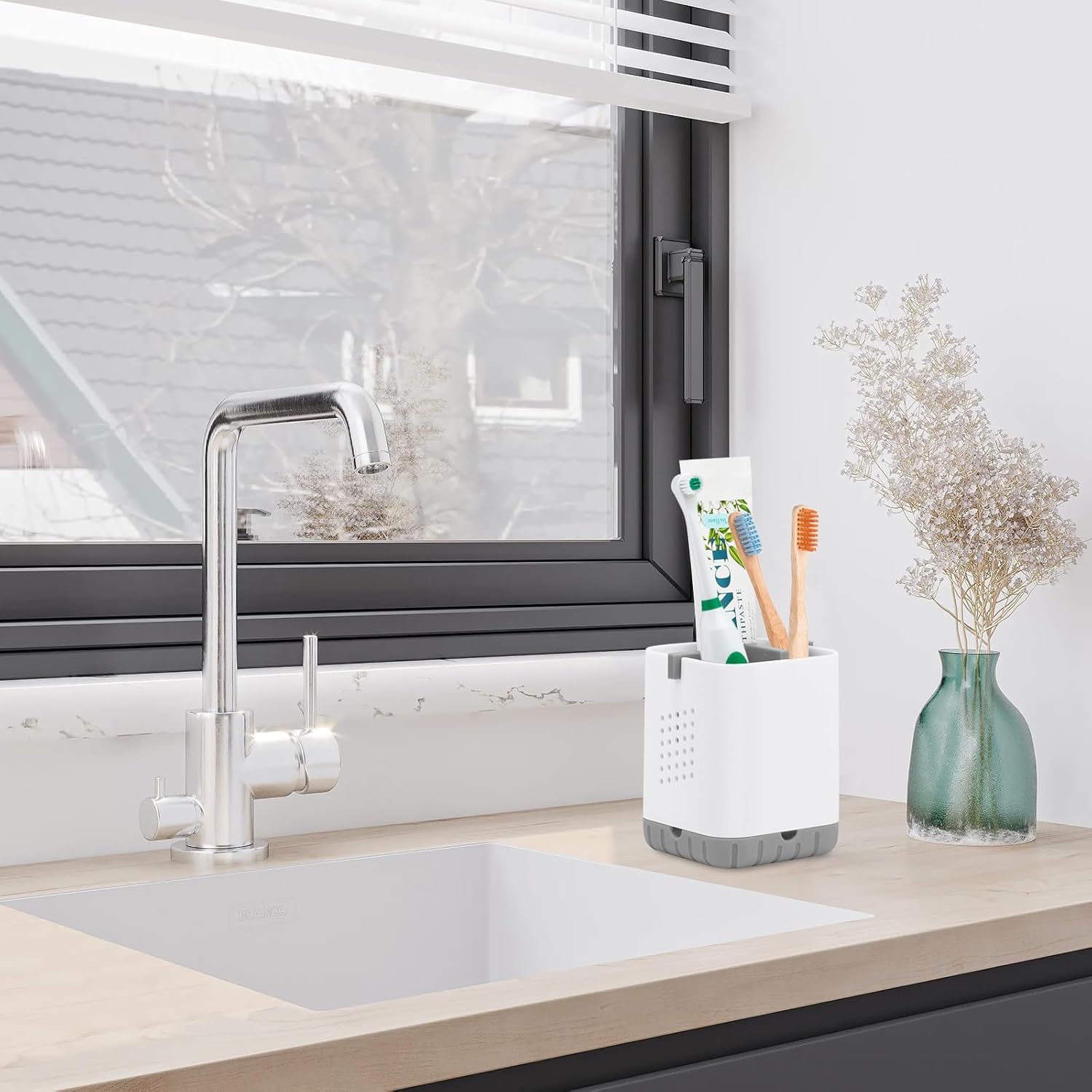 Boperzi Toothbrush Holders for Bathrooms, Detachable Electric Toothbrush Holder, Kids Toothbrush Holder Drainage, 3 slot Toothbrush and Toothpaste Holder Storage Caddy, Toothbrush Organizer White/Grey